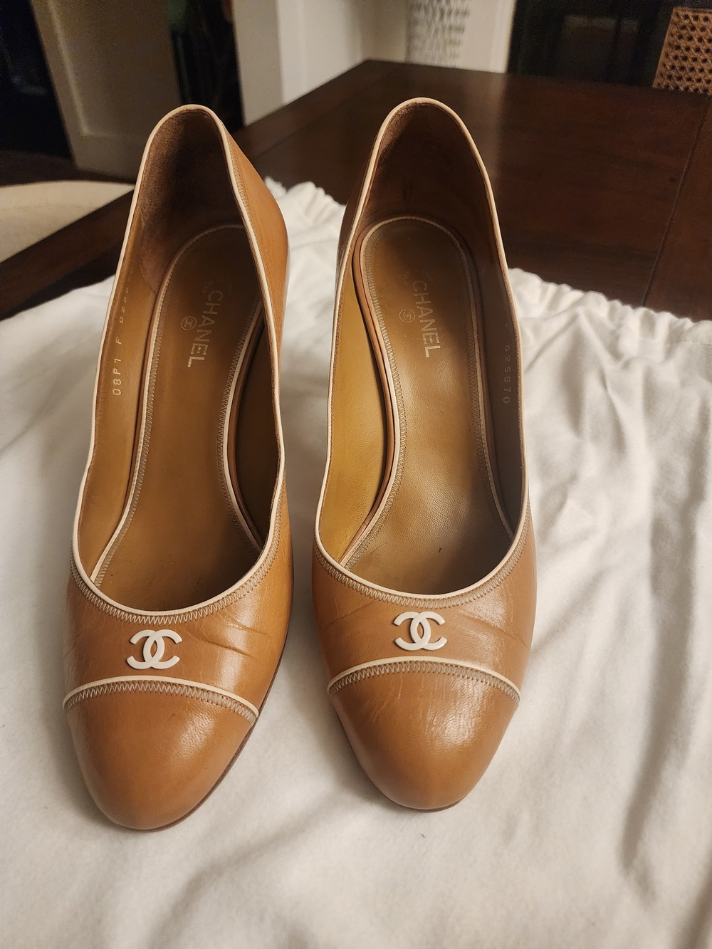 Chanel Vintage Camel Leather Cap Toe Pumps White Piping CC Logo